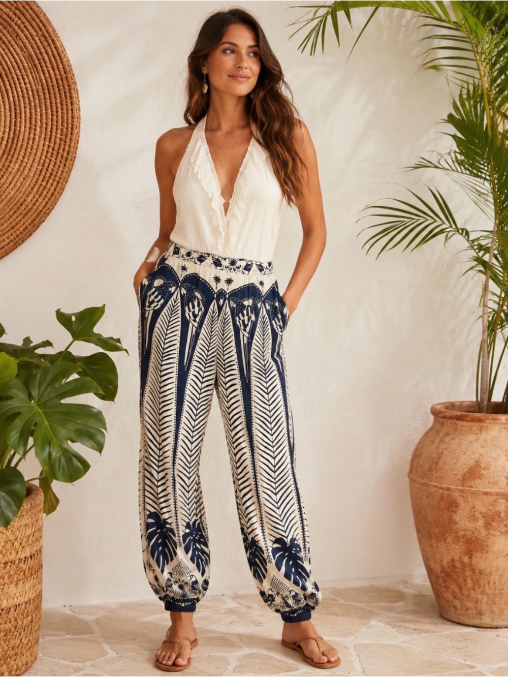 Farmrio Anthropologie blue & Cream Palm parrot Printed Harem vacation Pants XS